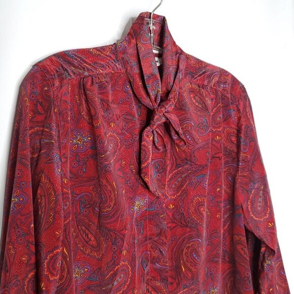 Vintage Alfred Dunner Paisley Secretary Blouse 12 L Red Kitten Bow Tie Foral - Picture 2 of 7